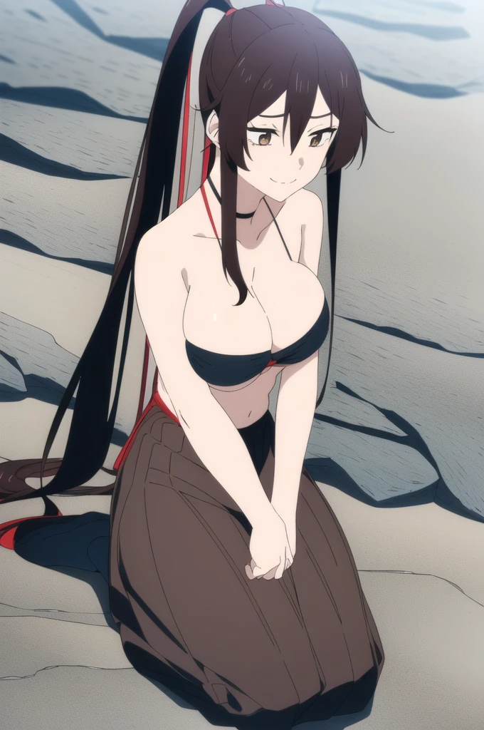 (masterpiece), (best quality), asaemon_sagiri, 1girl, solo, long_hair, black_hair, hair_between_eyes, brown_eyes, ponytail, sidelocks, high_ponytail, breasts, looking_at_viewer, blushed smile, large_breasts, cleavage, bare_shoulders, sitting, sitting on rock, collarbone, crossed_legs, black underwear, from_below, breasts, large breasts, big breasts, huge breasts, big tits, giant breasts, small bikini, bikini, bare shoulders, bare arms, beach, ocean, underboob, island background
