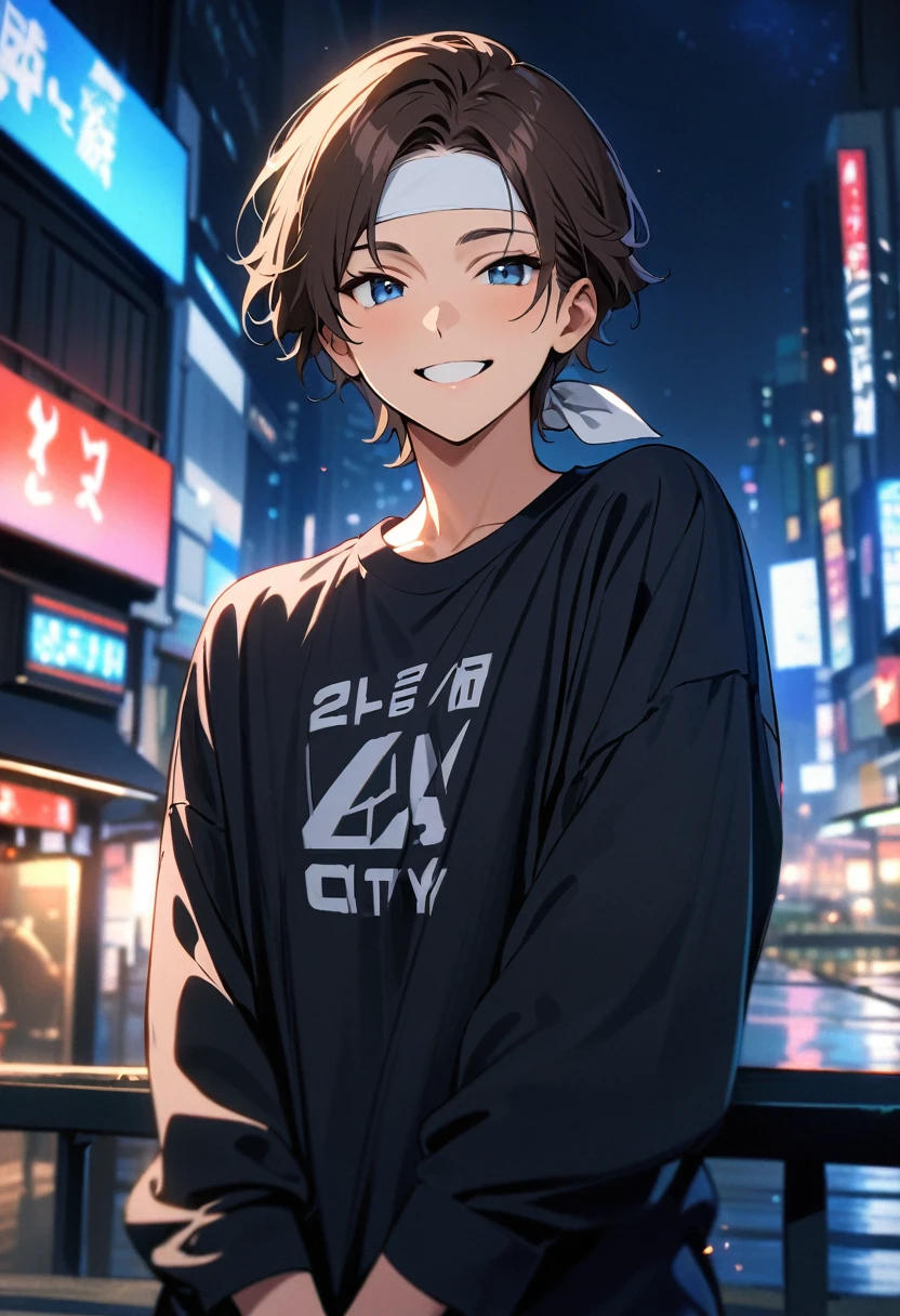 (masterpiece, best quality:1.3), (A man, 21-years-old, solo, Caucasian, short wavy dark brown hair, cheerful smile, mature face, mouth open, blue eyes, perfecteyes:1.1), (dark blue oversized shirt, long sleeves, white headband tied around forehead, gray sweatpants, Tokyo city, upper body, night:1.2)
