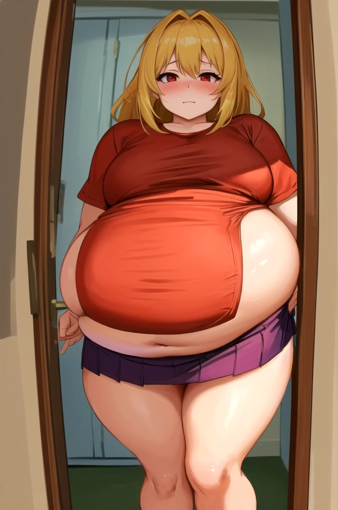 masterpiece, best quality, ultra-detailed, illustration, epic lighting, cinematic composition, isometric, 1girl, red eyes, long blonde hair, red_bra, red_shirt_skirt, standing in the doorway, leans on the doorway, won't fit through the doorwaylarge_chest, close to the viewer, looking at the viewer, fat belly, fat body, big fat thighs, fat rounded hips, massive belly, fattening girl, fatty, (big belly:0.2), (massive belly:0.2) won't fit through the doorway, she stuck in the doorway, shy tryied crawl through, embarrassed