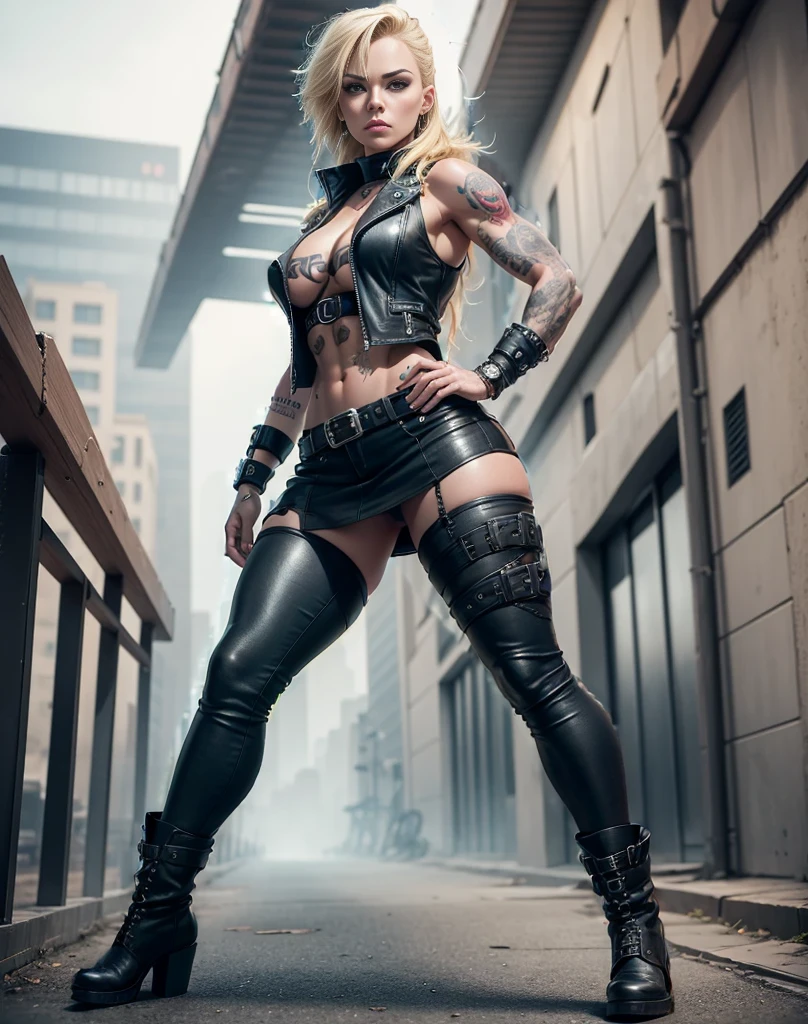 full body shot, super muscular physique and small breasts.,wears an open black leather vest..,short skirt and heavy boots, She has a punk rock look and blonde hair.. . Tattoos all over her body highlight her experienced nature....., Hyper-realistic close-up photo of Scarlet Chase,Blue eyes, masterpiece, Best quality, (photorealistic:1.4), Create dystopian masterpieces.post-apocalyptic peace. Pay attention to fine details, Sharp Focus.