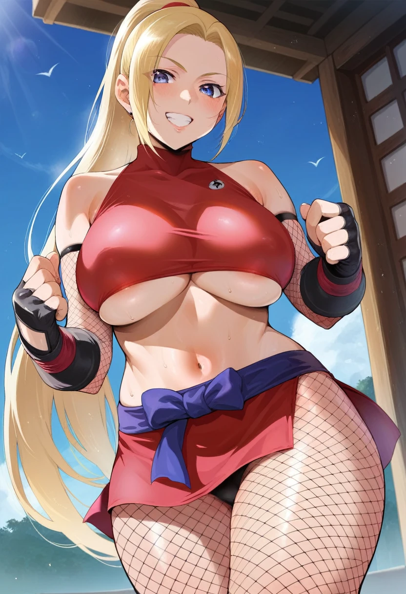 masterpiece, best quality, (1 girl), solo, wide hips, (big breasts), slutty grin, young girl, wide hips, ninja village, nighttime, detailed eyes, open mouth, ((wearing a slutty ninja outfit)), slutty, (very long hair), curvy, nice hips, kunoichi, ((ninja girl)), ninja outfit, midriff, short skirt, (fishnet), underboob, kunoichi skirt, blonde hair, fishnet bodycon, wide hips, (ikuchan), ino yamanaka,