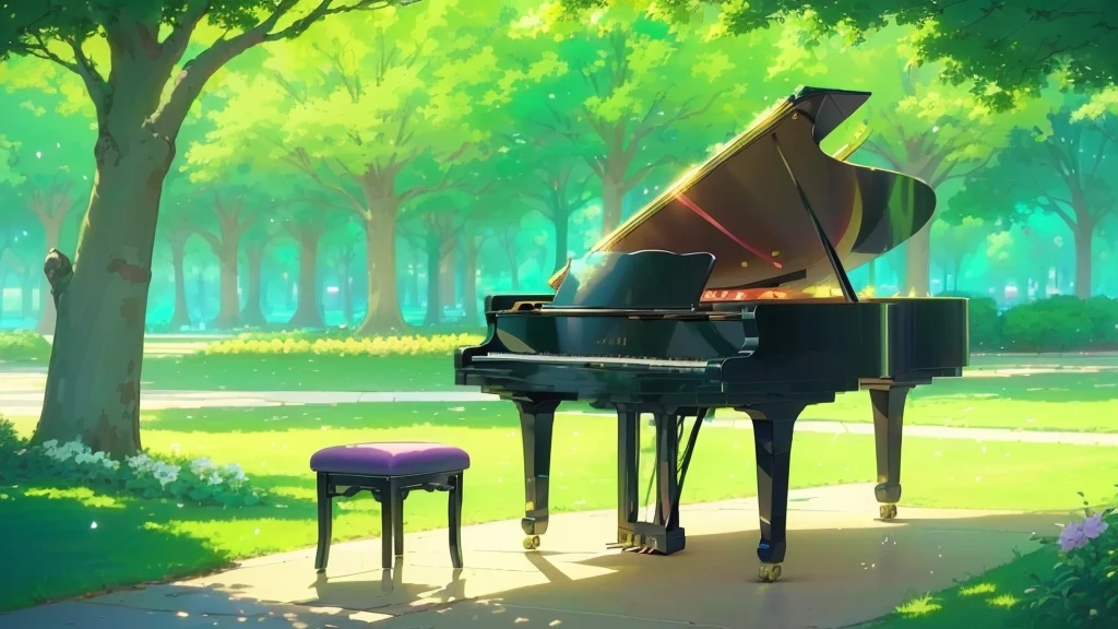 There is a piano and a chair on the sidewalk in the park., Anime Background art, Piano in the background, Anime Art Wallpapers 8K, Beautiful peaceful scene in anime, Anime Background, Colorful anime movie background, anime art wallpaper 4k, anime art wallpaper 4k, Background artwork, Atei Gailan Style, Beautiful anime scene, Relaxing concept art、Summer flower garden