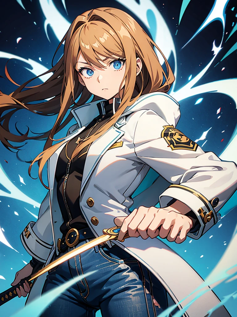 anime girl, big hair (russet hair), blue colored eyes, black jersey, white jacket, jeans, and a sword at his waist
