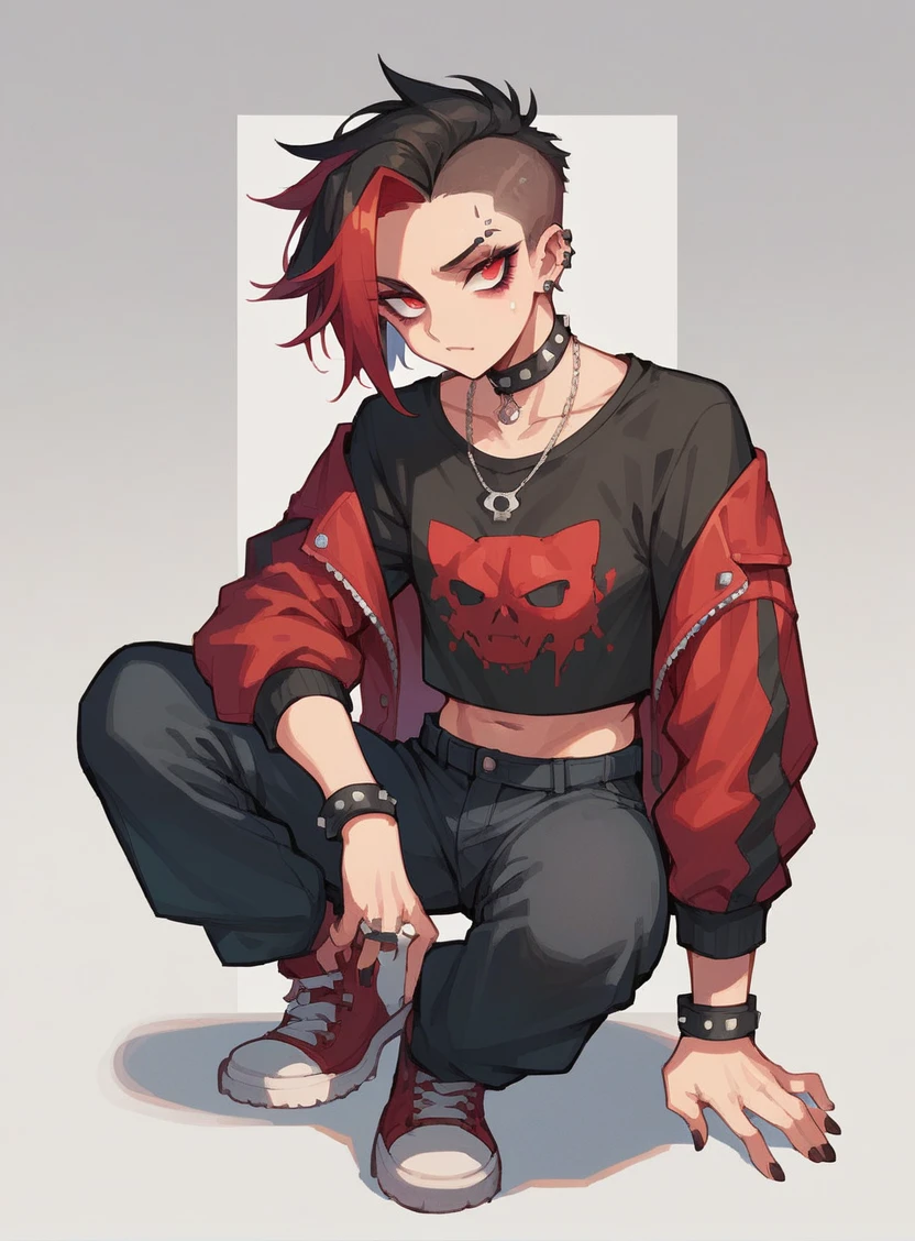 Full body girl with red and black clothes, rocker style.