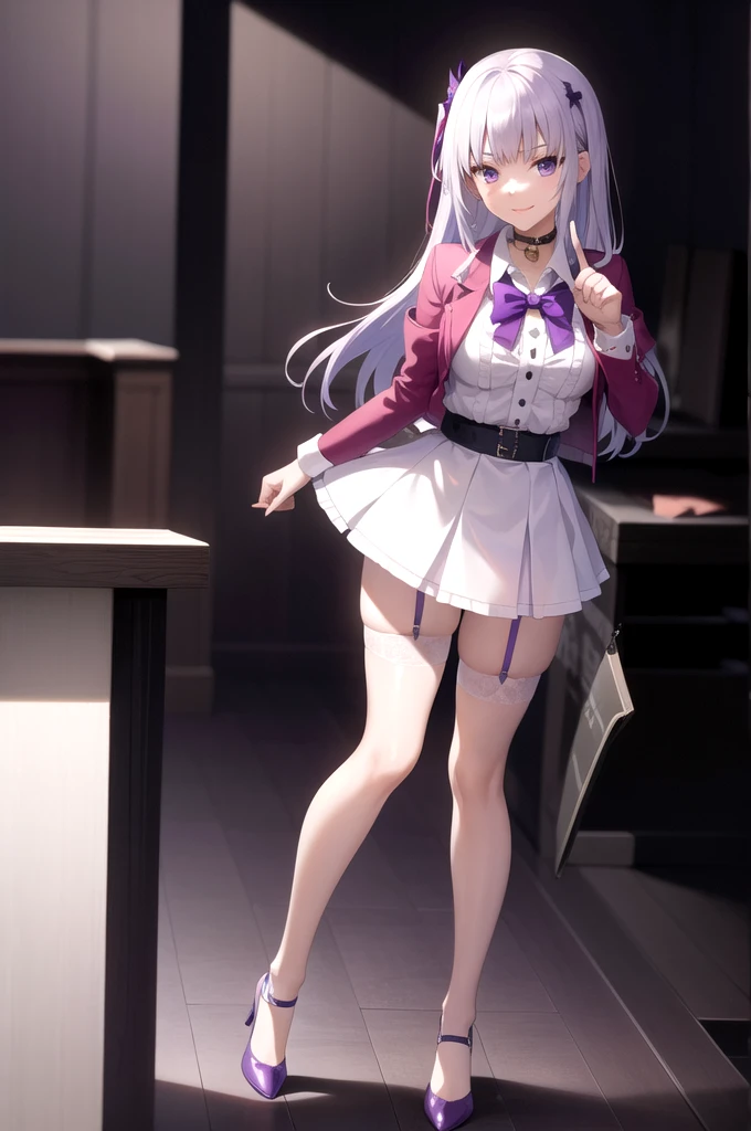 Masterpiece,Best Quality,very aesthetic,absurdities,high resolution,beautiful background,perfect anatomy,Perfect eyes,perfect and detailed face,1 girl,Alone, Sakayanagi, 1 girl, blunt bangs, by white, purple hair, purple eyes,killed, , Red jacket, collar shirt, bow tie, White skirt,white thighs,garter straps,garter belt,light smile,Upper part of the body,fountain_cheered up, screenshots,Leaning forward,put your index finger in your mouth,