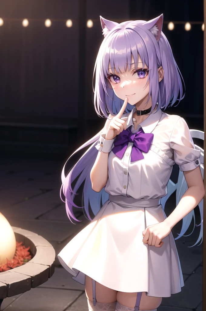 Masterpiece,Best Quality,very aesthetic,absurdities,high resolution,beautiful background,perfect anatomy,Perfect eyes,perfect and detailed face,1 girl,Alone, Sakayanagi, 1 girl, blunt bangs, by white, purple hair, purple eyes,killed, , Red jacket, collar shirt, bow tie, White skirt,white thighs,garter straps,garter belt,light smile,Upper part of the body,fountain_cheered up, screenshots,Leaning forward,put your index finger in your mouth,