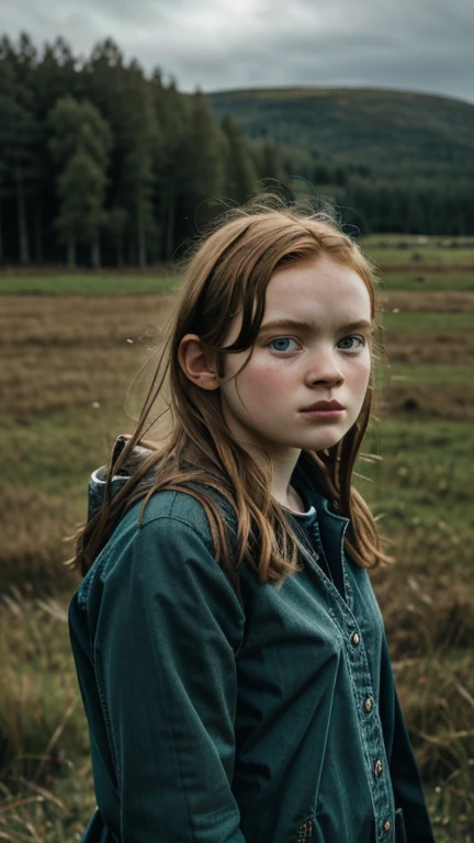 SadieSink,Portrait of a young beautiful Norwegian girl on a field, overcast with natural illumination, outdoors, highly detailed, realistic textures