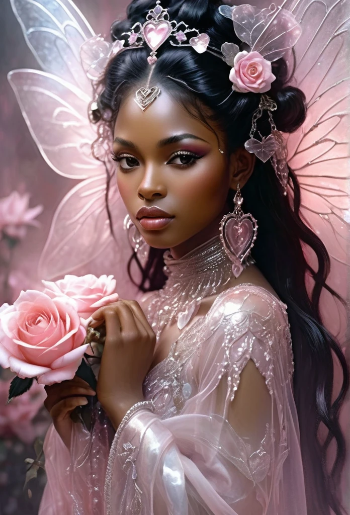 double exposure,A masterpiece,a black girl fairy,big translucent wings,very adorned hair and dress,(black skin)(full body) black goddess, sparkling roses surrounding he,oil painting,by luis Royo, drawn pencil art, ultra detailed, lips ultra gloss, long. wavy hair, dressed long,transculent, dressing, pink cup, bacground vintage, perfect hands, hearts, rose,   filigree, glowing, shadowy, ultra quality, 3d, spoked hairstyle