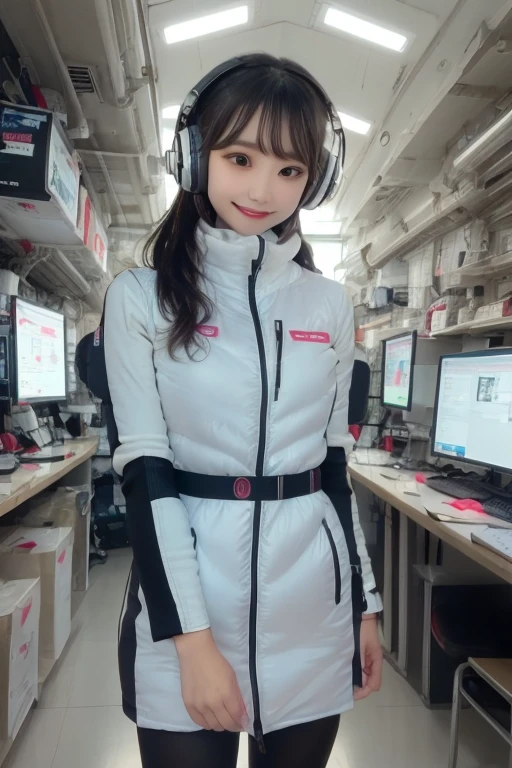masterpiece, Highest quality, Very detailed, 8K Portrait,Japanese Android Girl,plump , Control panel,Robotic arms and legs, Blunt bangs,,break (Metallic Gray, Metallic luster, Mirror finish, Astro Best):5,headphone:5,break (Black sleeves):100,Smart Watches,Futuristic space station,Control Room,break headphone,blue eyes,(Black Hair):2,(Long Hair):1.3,Viewer Display,(respirator),break blush:3,Hidden Hand,smile