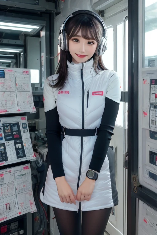 masterpiece, Highest quality, Very detailed, 8K Portrait,Japanese Android Girl,plump , Control panel,Robotic arms and legs, Blunt bangs,,break (Metallic Gray, Metallic luster, Mirror finish, Astro Best):5,headphone:5,break (Black sleeves):100,Smart Watches,Futuristic space station,Control Room,break headphone,blue eyes,(Black Hair):2,(Long Hair):1.3,Viewer Display,(respirator),break blush:3,Hidden Hand,smile