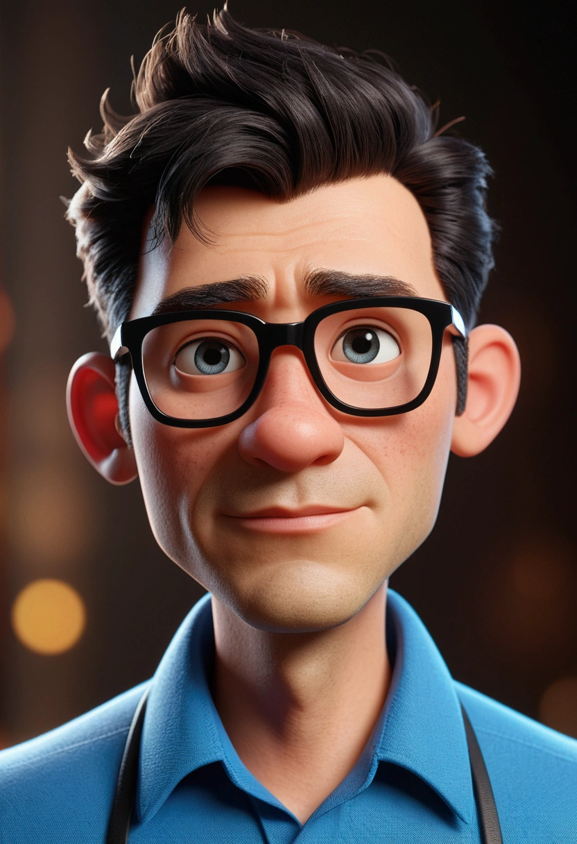 Cartoon character of a man in black glasses and blue shirt, animation character, stylized character, animation style rendering, 3d stylized, Arnold Maya rendering, Stylized 3D rendering, toon render screenshot, 3d character, 3d character, Stylized 3D rendering, 3D character rendering, cartoon character, Personagem de close up, character posing, (Pixar-style) (master part:1.2) (bokeh) (best qualityer) (skin detailed) (detailed texture) (8k) (Argilla) (cinematic lighting) (sharp focus