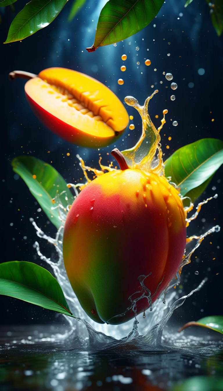 a Mango, leaves, splashing water, flashing particles, depth of field, clean background, (best quality,4k,8k,highres,masterpiece:1.2),ultra-detailed,(realistic,photorealistic,photo-realistic:1.37),HDR,UHD,studio lighting,ultra-fine painting,sharp focus,physically-based rendering,extreme detail description,professional,vivid colors,bokeh,horror,dark,dramatic lighting
