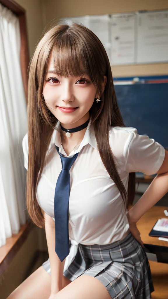 Mix 4, (8k, RAW Photos, Highest quality, masterpiece: 1.45), (Realistic, photoRealistic: 1.37), kitagawa marin,  (Blonde, Pink gradient hair), ((Long Hair, Sink bangs,Colorful Hair, Red eyes)),Pose like a model,((A bold pose with a bent forward stance))、(Sit with your legs wide apart:1.3)、Japanese women, ************,high School student、Model body type, (Big Breasts:1.3), Narrow waist, Beautiful Face, Beautiful Eyes, Multiple earlobe piercings, Cartilage rod piercing, White shirt, Shirt with tie, Black choker,  Blue tie, Checked skirt,  Grin, smile, Are standing, Cowboy Shot, inside the School、classroom、hight School, 1 girl, alone, Detailed face and eyes, Upper body photo. Realistic, Realistic.Marin Gyaru,School_uniform