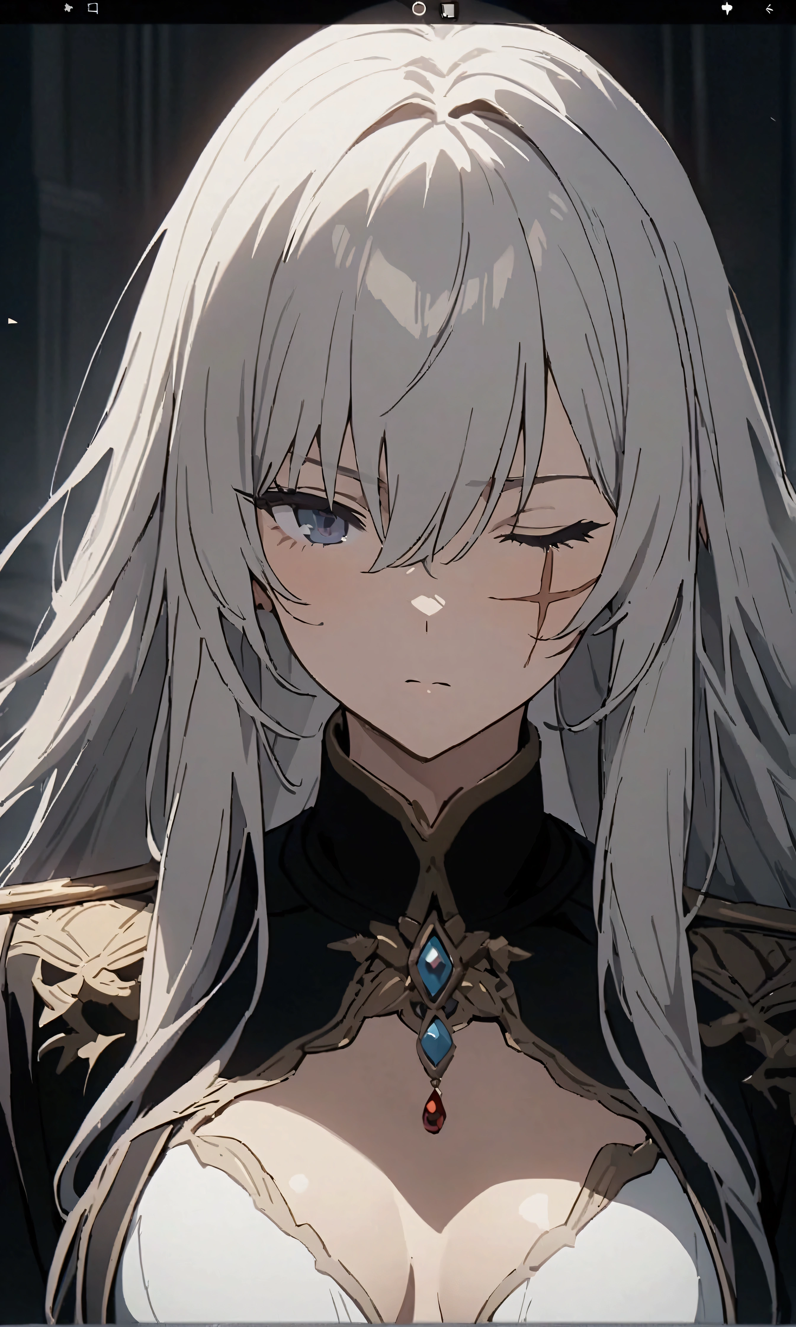 masterpiece, highres, screen shot, best quality, 1girl, (scar on left eye), white cropped jacket, highly detailed, rule of thirds, jewelry, long hair, bangs, hair between eyes