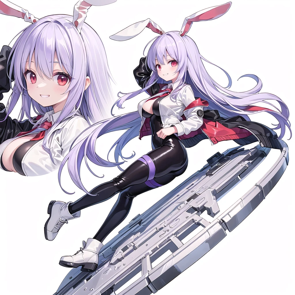 (((high quality))),(((masterpiece))),(((highly detailed))),((illustration style)),(((one girl))),(((reisen udongein inaba))), (touhou),(((red eyes))),rabbit girl,(((rabbit ears))),rabbit tail,(((light purple hair))),(((very long hair)))(((white leather jacket))),(((blue full bodysuit))),((latex)), (shiny clothes:1.2),(((grin))),(((full body))),(((large breast))),(((arm behind head))),(((model posing))),((((simple white background))),(((Side angle)))