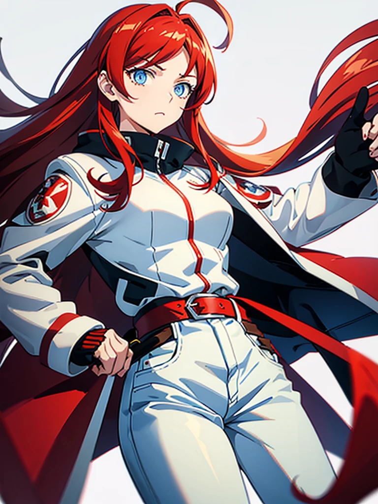 anime girl, big hair (red red hair), blue colored eyes, black jersey, white jacket, jeans, and a sword at his waist
