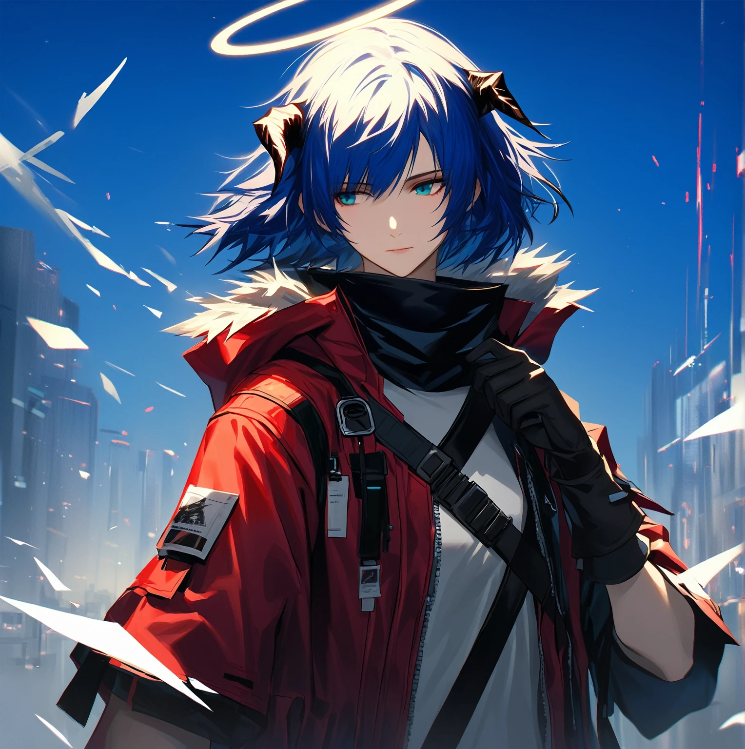 (woman), ((Mostima from arknights)), masterpiece, best quality, blue hair, ((short hair)), horns, plain white shirt, red fullbody coat, dark blue eyes, realistic anime style, faint smile, ((portrait)), black gloves, carring a bag, halo.
