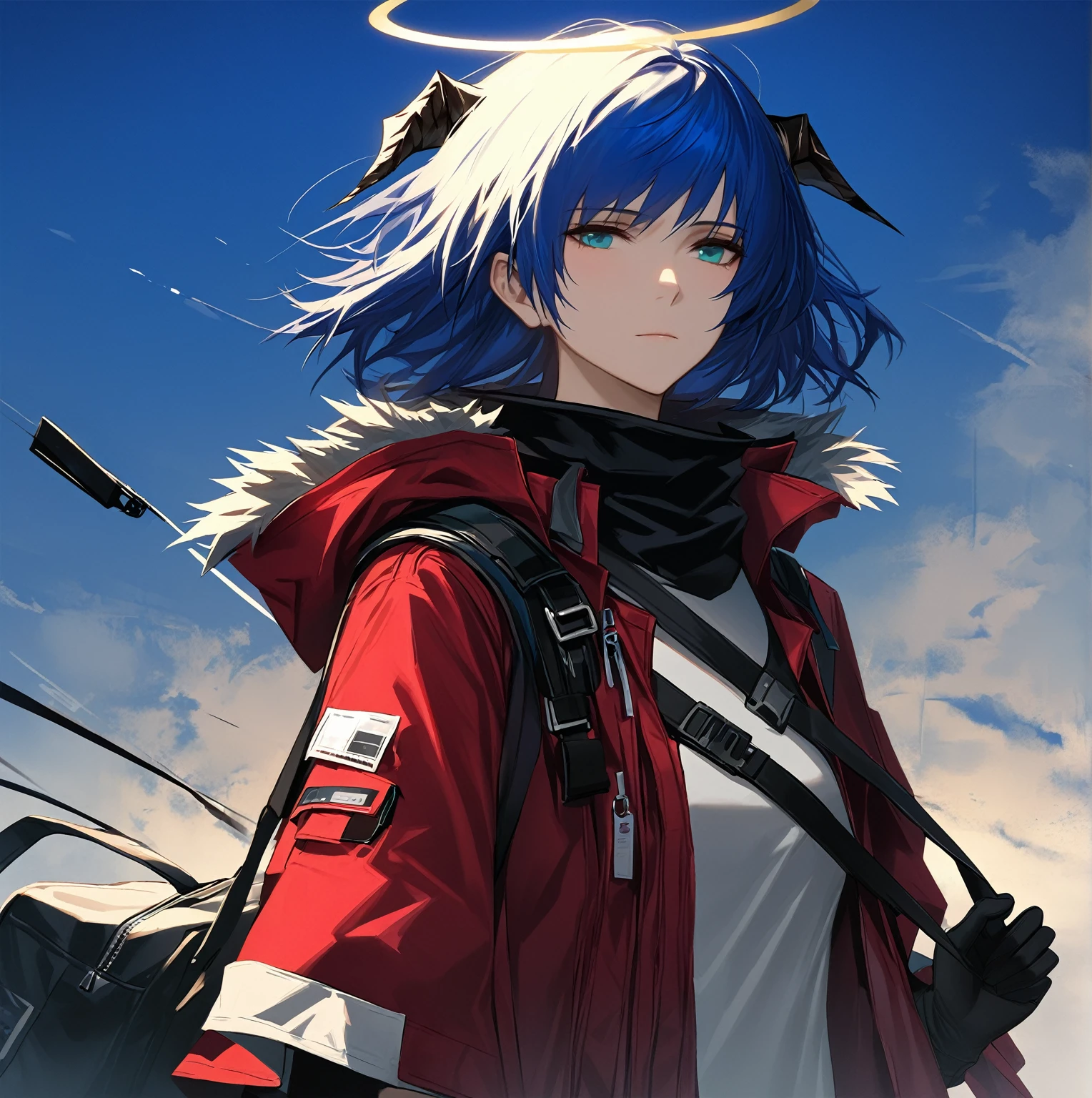 (woman), ((Mostima from arknights)), masterpiece, best quality, blue hair, ((short hair)), horns, plain white shirt, red fullbody coat, dark blue eyes, realistic anime style, faint smile, ((portrait)), black gloves, carring a bag, halo.
