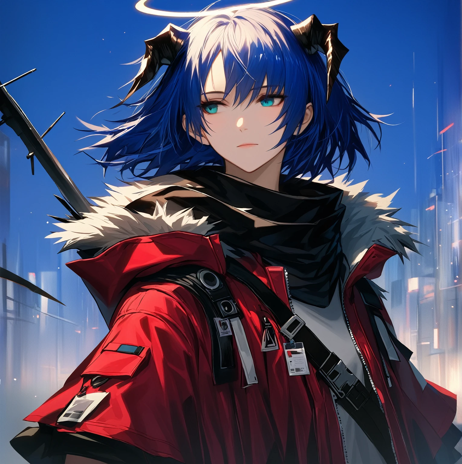 (woman), ((Mostima from arknights)), masterpiece, best quality, blue hair, ((short hair)), horns, plain white shirt, red fullbody coat, dark blue eyes, realistic anime style, faint smile, ((portrait)), black gloves, carring a bag, halo.
