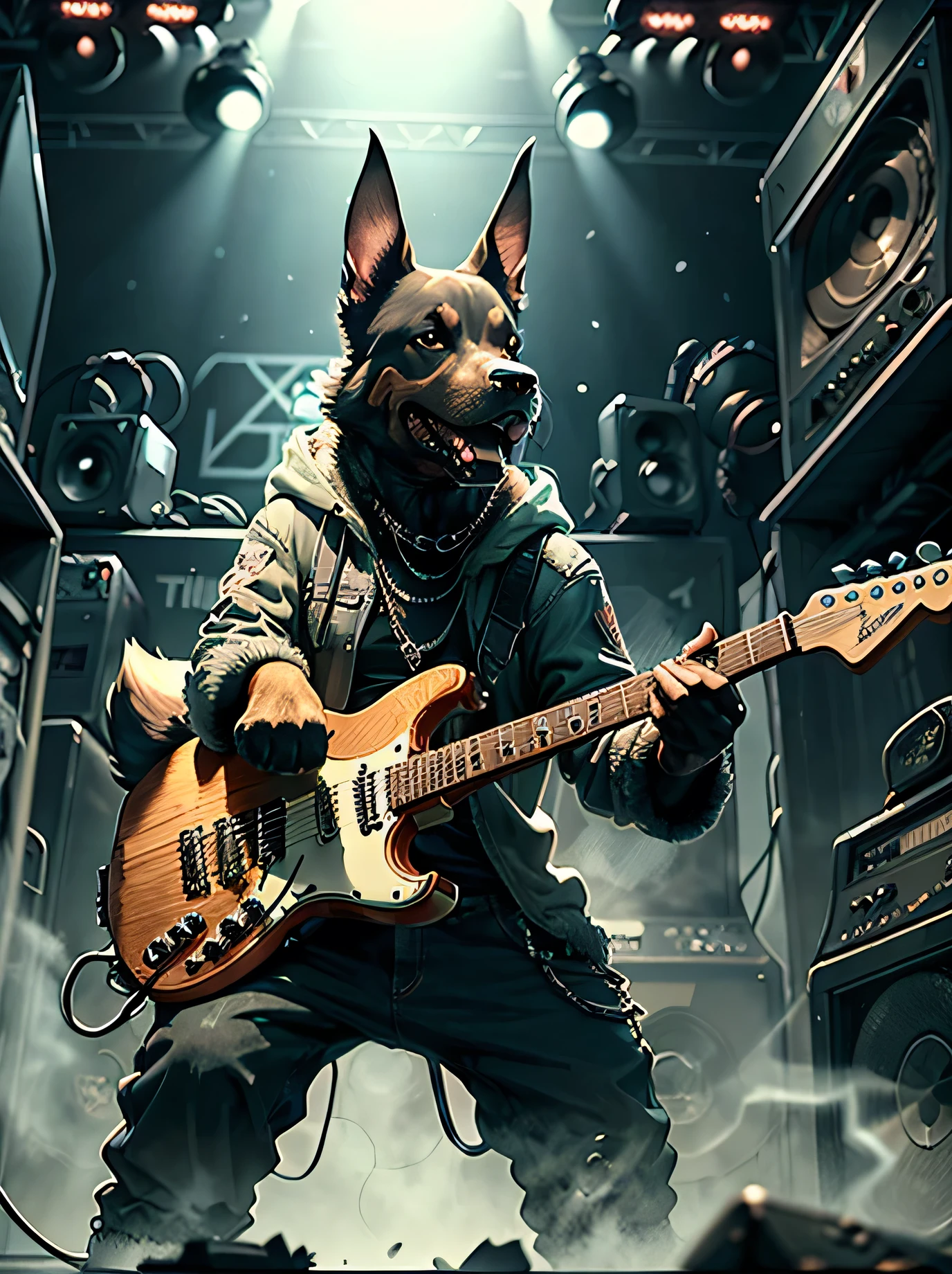 C4tt4stic,Drawing of a rock singer playing electric guitar、doberman dog（Intense performance）