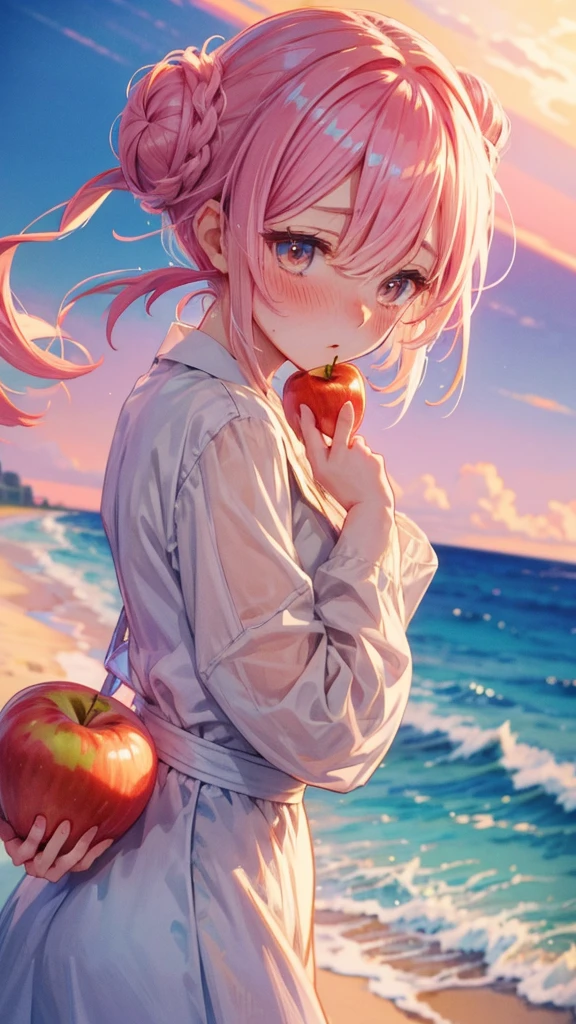 ear blush, full blush, Draw a clear face, Sea-view harbor, Eat an apple, Embarrassed face, Blushing, gradient hair, crystal hair, hair bun, anime, cinematic lighting, uhd, highres, best quality, 8k