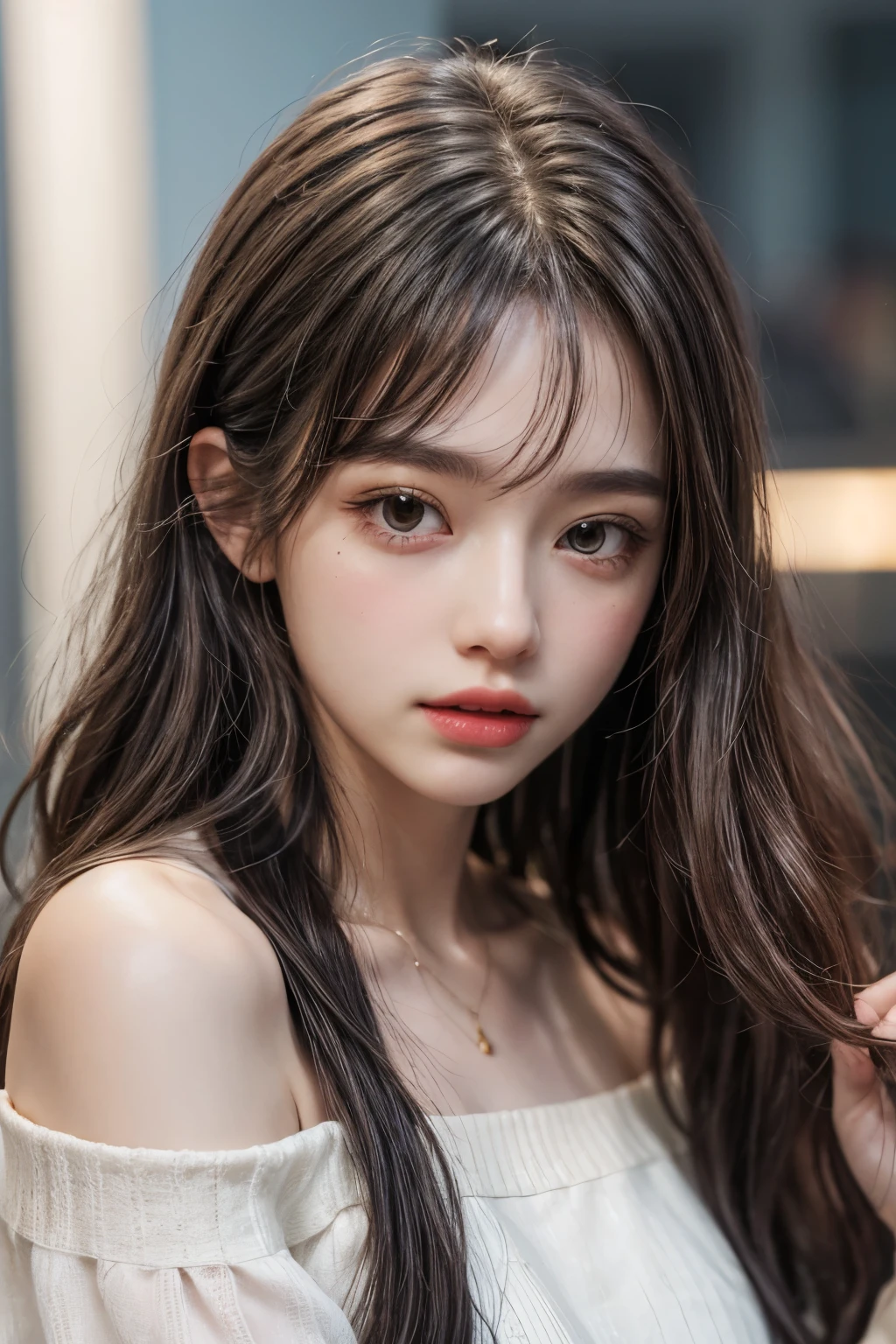 In detail, High resolution, In 8K、Brown Hair,Photorealism, Tabletop, Wavy Hair, Open your mouth, Very detailed, Off the shoulder,1 girl