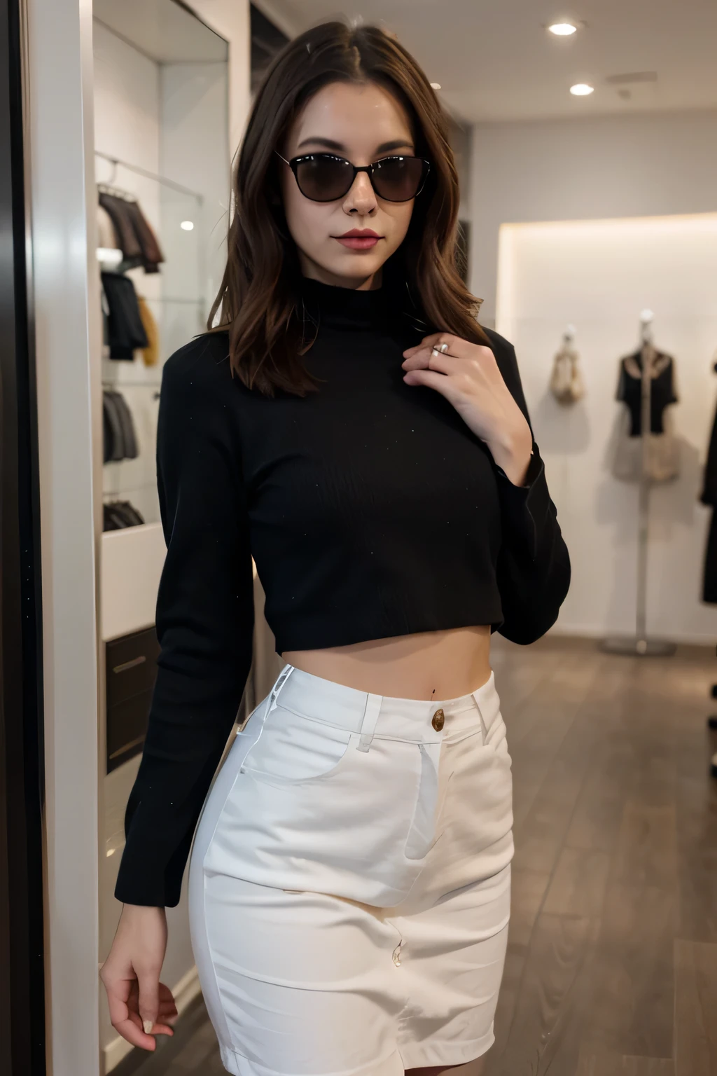 Create an image to display on the cover of my eyewear store reels, an elegant woman wearing sunglasses, beautiful and well dressed in black clothes.