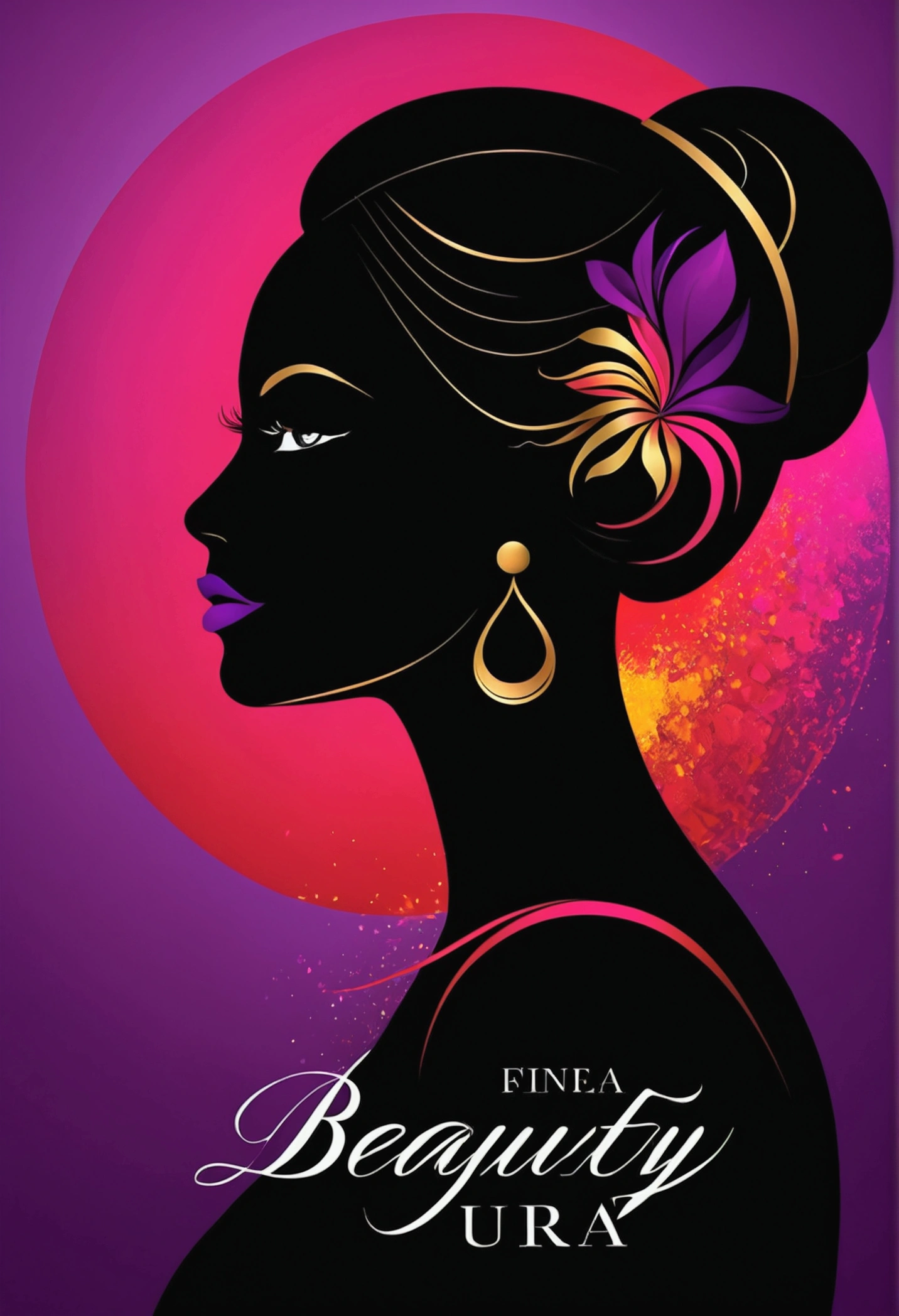 Make me a professional logo for a professional brand, related to beauty, aesthetics and personal care. Called Beauty Aura, a silhouette of a beautiful woman in the background, vivid colors, red, rosado, purple, gold and black, well contrasted. With a more contrastable and vivid background color, with beauty cosmetics