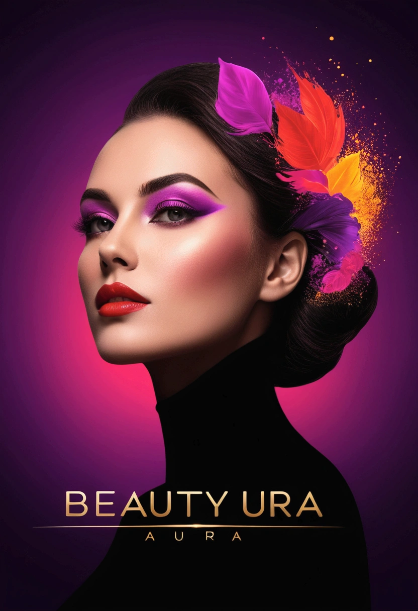 Make me a professional logo for a professional brand, related to beauty, aesthetics and personal care. Called Beauty Aura, a silhouette of a beautiful woman in the background, vivid colors, red, rosado, purple, gold and black, well contrasted. With a more contrastable and vivid background color, with beauty cosmetics