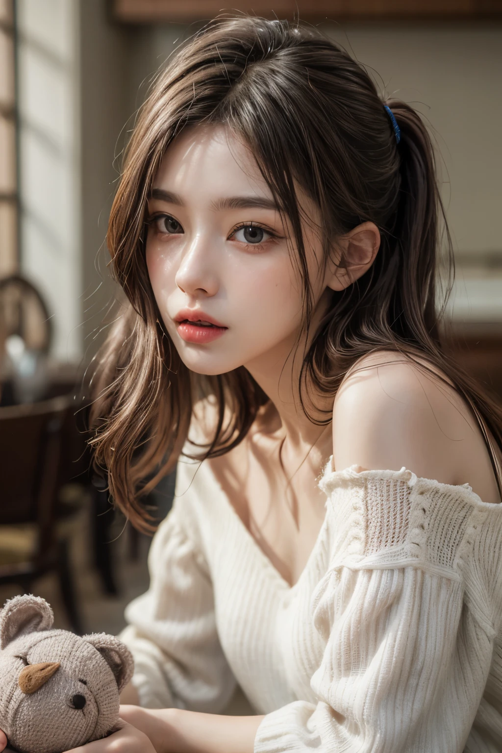 In detail, High resolution, In 8K、Brown Hair,Photorealism, Tabletop, Wavy Hair, Open your mouth, Very detailed, Off the shoulder,1 girl