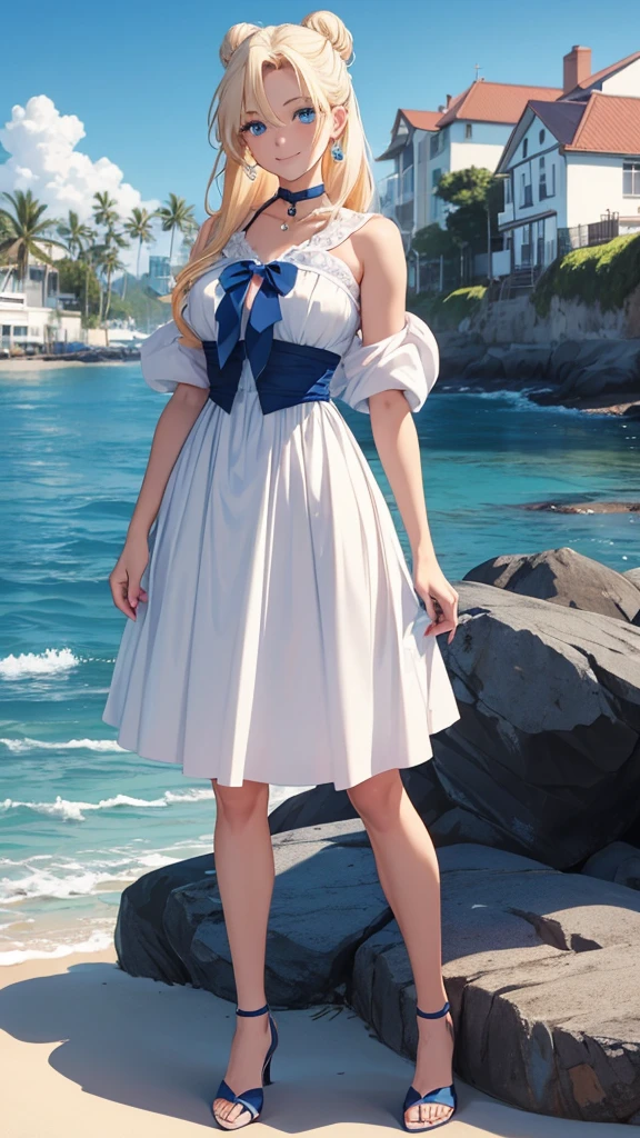Adult woman blonde hair, blue eyes, two buns, rostro en forma de corazón con vestido de encaje rojo con zapatos de tacón de pie parecida a Usagi Tsukino personaje de Sailor Moon a punto de besarse con Mamoru Chiba hombre adulto fuerte con cabello negro y blue eyes, confident smile, handsome man in gray suit with a beach house and the sea in the background