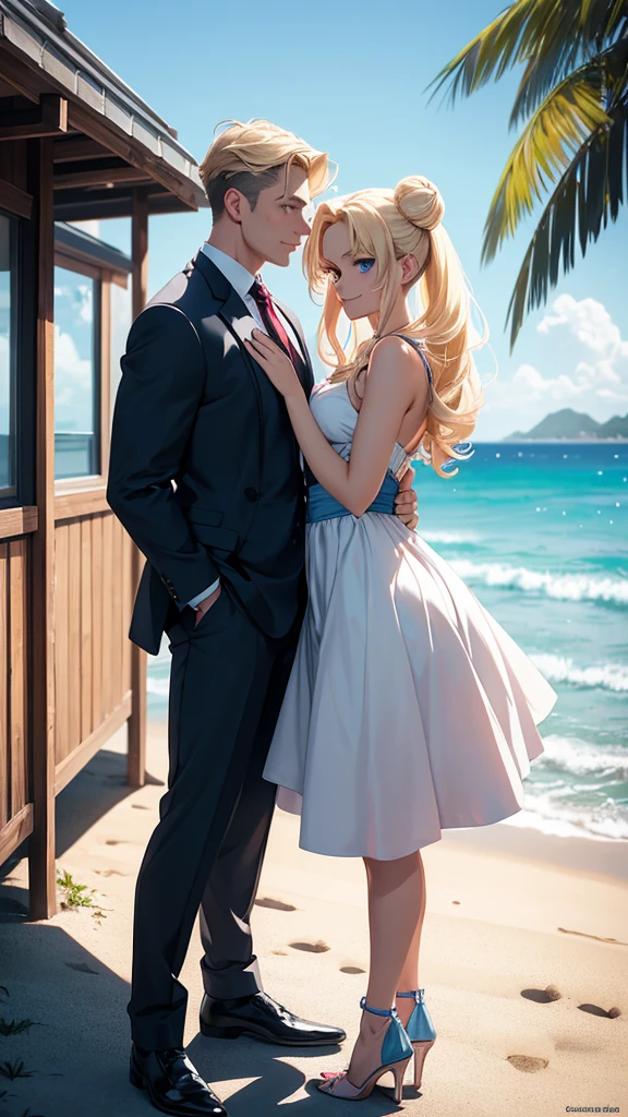 Adult woman blonde hair, blue eyes, two buns, rostro en forma de corazón con vestido de encaje rojo con zapatos de tacón de pie parecida a Usagi Tsukino personaje de Sailor Moon a punto de besarse con Mamoru Chiba hombre adulto fuerte con cabello negro y blue eyes, confident smile, handsome man in gray suit with a beach house and the sea in the background