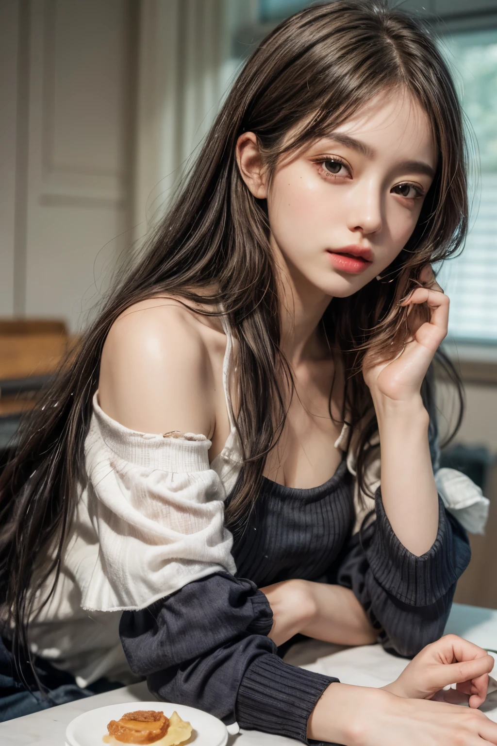 In detail, High resolution, In 8K、Brown Hair,Photorealism, Tabletop, Wavy Hair, Open your mouth, Very detailed, Off the shoulder,1 girl