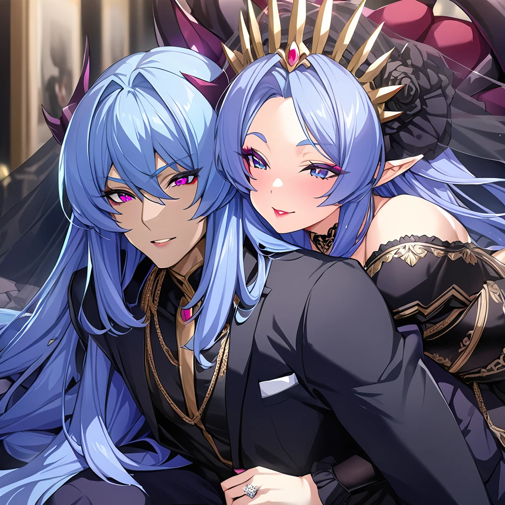 ((Highest quality)), ((masterpiece)), (detailed), (Perfect Face)、The woman is hugging and kissing the great evil demon king man、The woman is a demon, the queen of evil, Devil Extia, with medium-long blue hair, wearing a luxurious black wedding dress with gold embroidery and trim, a black wedding veil, an engagement ring, luxurious accessories, lipstick and makeup, and is an elegant and beautiful demon queen.、The woman looks happy、The man is a great and powerful demon king, favored by the majestic demons.