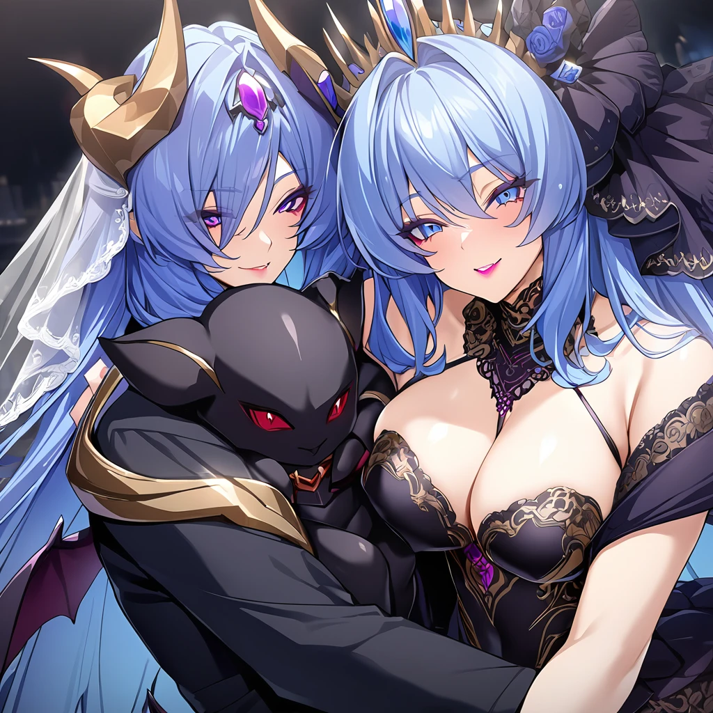((Highest quality)), ((masterpiece)), (detailed), (Perfect Face)、The woman is hugging and kissing the great evil demon king man、The woman is a demon, the queen of evil, Devil Extia, with medium-long blue hair, wearing a luxurious black wedding dress with gold embroidery and trim, a black wedding veil, an engagement ring, luxurious accessories, lipstick and makeup, and is an elegant and beautiful demon queen.、The woman looks happy、The man is a great and powerful demon king, favored by the majestic demons.