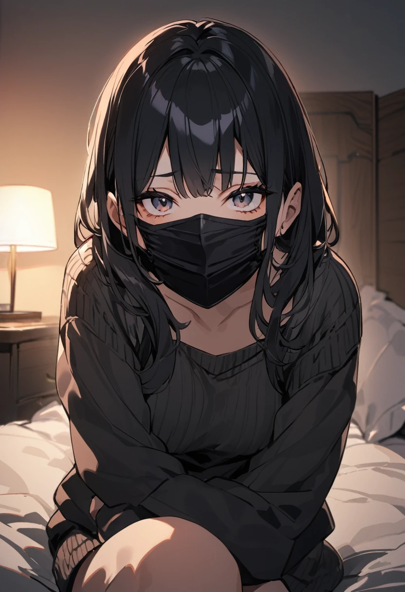 black hair, big black sweater, The E cup bust, black facemask in face, sitting on bed, staring at camera, 22 years old, sweater over her arms,