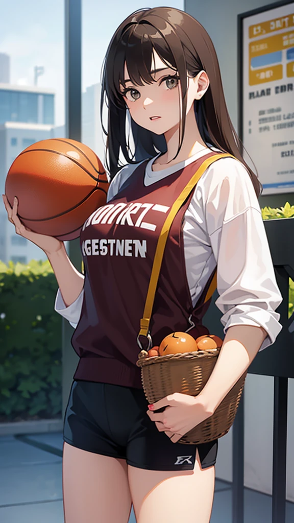 1 girl standing, wearing basket ball shirt, very detail, realistic, holding ball, 20 years old, long brown hair showing her