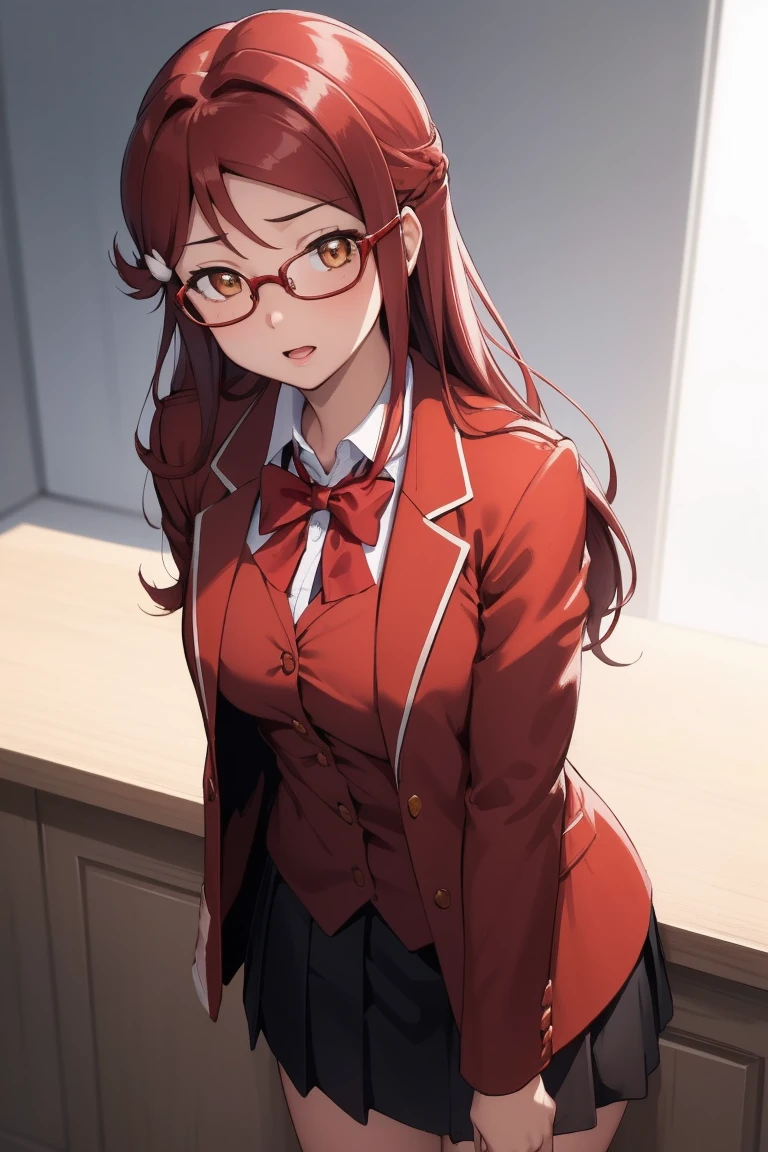 Rikosakurauchi, Riko Sakurauchi, (Brown eyes:1.5), hair between the eyes, wide, (Red hair:1.5), (Little mom:1.2),
BREAK glasses, high advanced breeding , Jacket de sport, red Jacket de sport, bow, bowtie, collar shirt, Jacket, long sleeves, pleated skirt,
REST looking at the viewer, standing,(from below:1.2), (Leaning forward:1.2), (arms behind the back:1.2),
break inside, classroom,
BREAK (Masterpiece:1.2), Best Quality, high resolution, unity wallpaper 8k, NSFW,(illustration:0.8), (Beautiful detailed eyes:1.6), extremely detailed face, perfect lighting, Extremely detailed CG, (perfect hands, perfect anatomy),