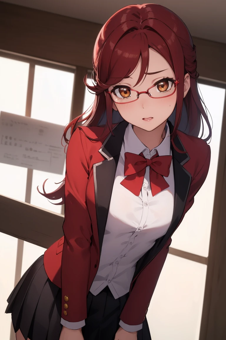 Rikosakurauchi, Riko Sakurauchi, (Brown eyes:1.5), hair between the eyes, wide, (Red hair:1.5), (Little mom:1.2), 
BREAK glasses, high advanced breeding , Jacket de sport, red Jacket de sport, bow, bowtie, collar shirt, Jacket, long sleeves, pleated skirt,
REST looking at the viewer, standing,(from below:1.2), (Leaning forward:1.2), (arms behind the back:1.2),
break inside, classroom, 
BREAK (Masterpiece:1.2), Best Quality, high resolution, unity wallpaper 8k, NSFW,(illustration:0.8), (Beautiful detailed eyes:1.6), extremely detailed face, perfect lighting, Extremely detailed CG, (perfect hands, perfect anatomy),