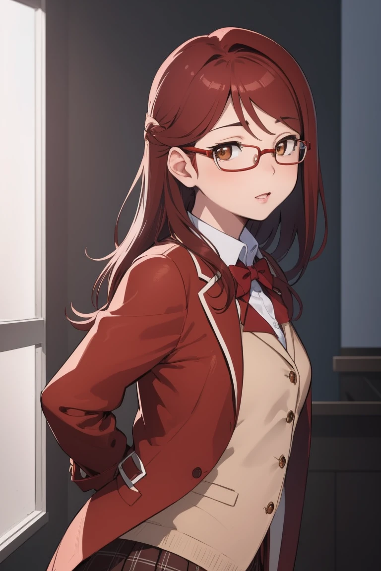 Rikosakurauchi, Riko Sakurauchi, (Brown eyes:1.5), hair between the eyes, wide, (Red hair:1.5), (Little mom:1.2), 
BREAK glasses, high advanced breeding , Jacket de sport, red Jacket de sport, bow, bowtie, collar shirt, Jacket, long sleeves, pleated skirt,
REST looking at the viewer, standing,(from below:1.2), (Leaning forward:1.2), (arms behind the back:1.2),
break inside, classroom, 
BREAK (Masterpiece:1.2), Best Quality, high resolution, unity wallpaper 8k, NSFW,(illustration:0.8), (Beautiful detailed eyes:1.6), extremely detailed face, perfect lighting, Extremely detailed CG, (perfect hands, perfect anatomy),