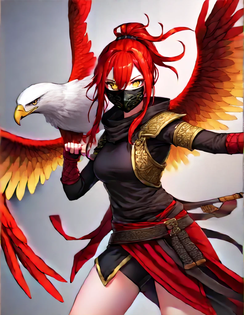 Create a redhead girl for DND who is an assassin,yellow eyes thong, Yes, the clothing is red and black like a ninja.. Plus, my hair is in a ponytail and a mask..And red wings like phoenix and eagle 