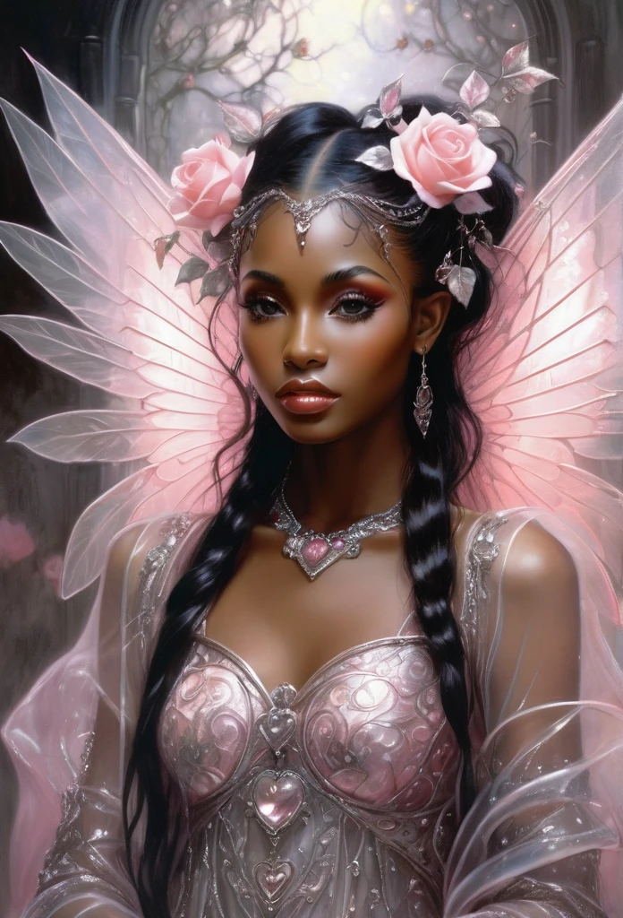 double exposure,A masterpiece,a black girl elf,big translucent wings,very adorned hair and dress,(black skin)(full body) black goddess, sparkling roses surrounding her,oil painting,by luis Royo, drawn pencil art, ultra detailed, lips ultra gloss, long. wavy hair, dressed long,transculent, dressing, pink cup, bacground vintage, perfect hands, hearts, rose, filigree, glowing, shadowy, ultra quality, 3d, spoked hairstyle