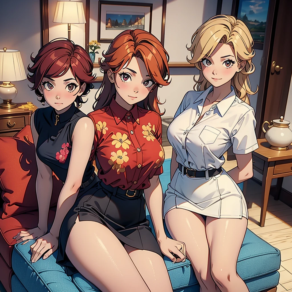 (Masterpiece), (4k), )vivid colors), (evening light) Woman of 40 with brown hair with red highlights dressed as a successful MILF businesswoman with a pose and seductive look, accompanied by her 2 daughters, , blonde with a floral dress with small breasts, and the other, 16 years oldair and medium breasts, in a low-cut top and a short skirt in the living room of her house.