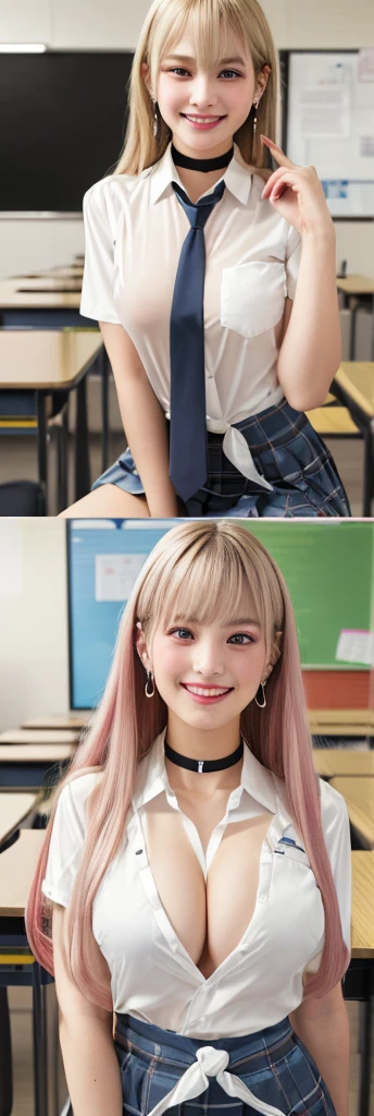 Mix 4, (8k, RAW Photos, Highest quality, masterpiece: 1.45), (Realistic, photoRealistic: 1.37), kitagawa marin, (Blonde, Pink gradient hair), ((Long Hair, Sink bangs,Colorful Hair, Red eyes)),Pose like a model,((A bold pose with a bent forward stance))、(Sit with your legs wide apart:1.3)、Japanese women, 16 years old,high School student、Model body type, (Big Breasts:1.3), Narrow waist, Beautiful Face, Beautiful Eyes, , jewelry,Earrings, White shirt, Shirt with tie, Black choker, Blue tie, Checked skirt, Grin, smile, Are standing, Cowboy Shot, inside the School、classroom、hight School, 1 girl, alone, Detailed face and eyes, Upper body photo. Realistic, Realistic.Marin Gyaru,School_uniform