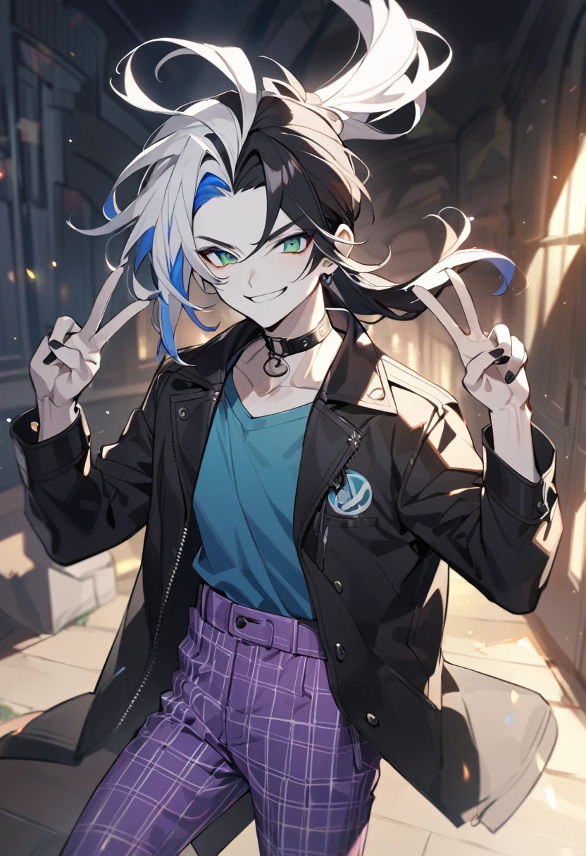 1boy, male focus, ponytail, two-tone hair, black hair, white hair, multicolored hair, long hair, Blue eyes, purple pants, black jacket, blue shirt, plaid pants, black nails, choker,Nez、Pokémon、smile、Make a peace sign、Piers、Piers、smileで、Standing、Nez、Make a peace sign、Highest quality、One man、White skin、白と黒Hair、ponytail、Pokemon、Piers、Black and white stripes々Hair、白と黒が交互Hair、長いponytail、Drooping eyes、Green Eyes