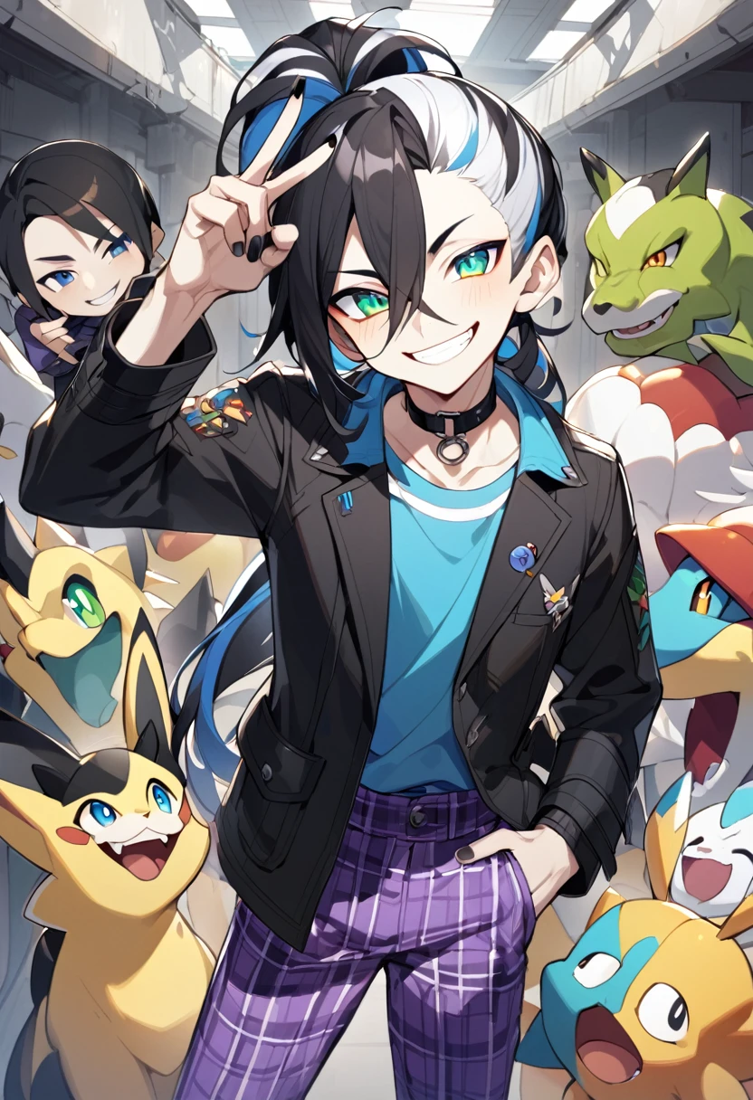 1boy, male focus, ponytail, two-tone hair, black hair, white hair, multicolored hair, long hair, Blue eyes, purple pants, black jacket, blue shirt, plaid pants, black nails, choker,Nez、Pokémon、smile、Make a peace sign、Piers、Piers、smileで、Standing、Nez、Make a peace sign、Highest quality、One man、White skin、白と黒Hair、ponytail、Pokemon、Piers、Black and white stripes々Hair、白と黒が交互Hair、長いponytail、Drooping eyes、Green Eyes