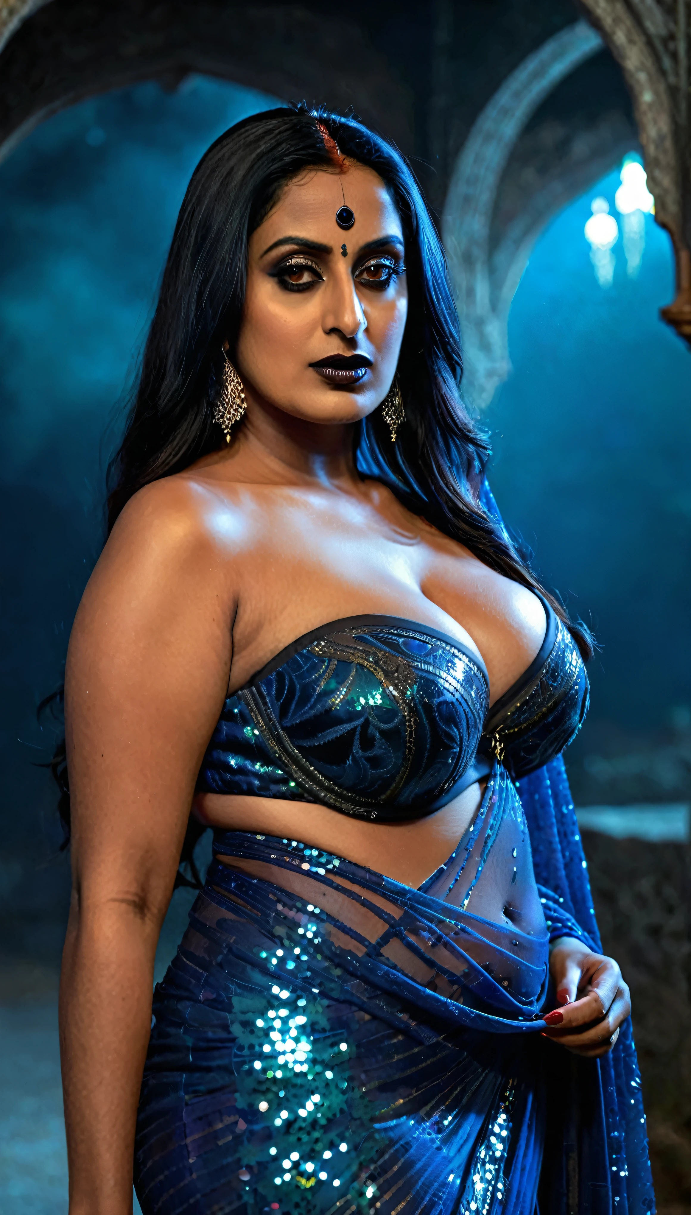 Looks like Mahie Gill, full body Closeup shot, Big chubby aunty, milf, cougar lady witch, horny Gothic milf, 70 years old gorgeous mature lady, pervert demoness, demoness of lust, curvy, black lips, horny face, extremely gorgeous, thick figure, heavy physique, voluptuous, curvy, sexy figure, Fashionable portrait of androgynous alien looking witch wearing veil, glowing eyes, futuristic design, minimal details, givenchy, photoreal, 200mm, hd, f/ 2.0, highly detailed, surreal, sexy beautiful evil woman, sexy bold sequin Saree with strapless Bra, chudail, Pishachini, horror genre, blood-thirsty enchantress, powerful female spirit, eerie, drop dead, in the style of red and blue, (intricate details, hyperdetailed:1.15) (skin texture:1.2), dark Moody tone, cinematic lighting, haunted place in background, hot Amma, hot aunty, hot bhabi, hot Chachi, heavy figure, fleshy figure, heavy and saggy breast, spicy hot woman,