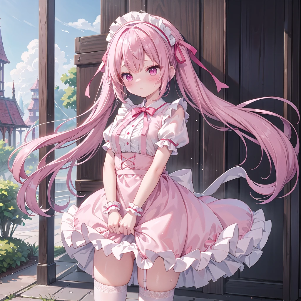 Highest quality、Shiny silk short puff sleeve pink maid outfit、See through、Very short skirt、Fluffy red ribbon、Short white frilly apron、White garter belt with ribbon、Pink high heels with ribbon、Large headband with ribbon、Blushing、Embarrassed look、Soaking wet、Strong winds、Going too far、Look forward、Looking up from below
