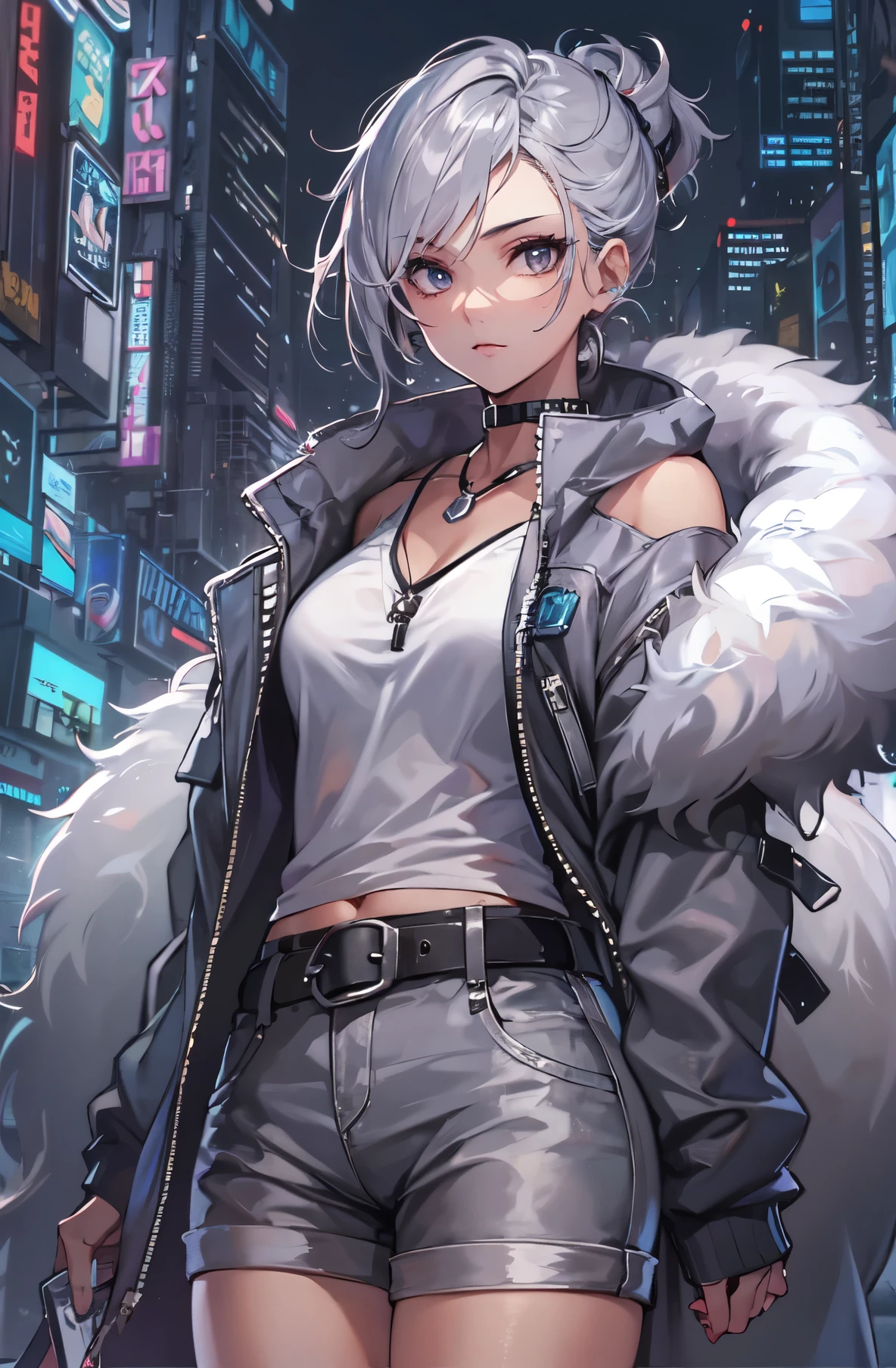 young girl, short gray hair, grey eyes, high ponytail, Cyberpunk, white top, open belly, shorts, fur coat, masterpiece, High quality, Silver Wolf