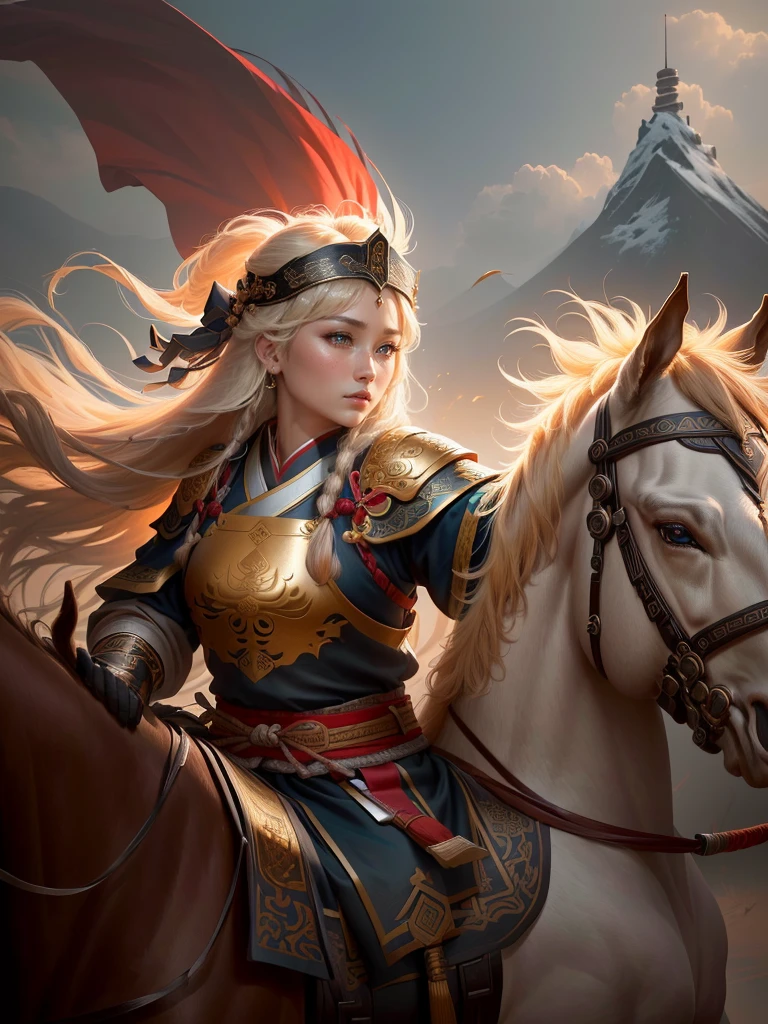 a close up of a woman with a bow and a bow on a horse, mongol, guan yu, genghis khan, inspired by Hu Zaobin, chinese warrior, zhao yun, photo of genghis khan, bian lian, inspired by Wu Bin, inspired by Huang Shen, inspired by Cao Zhibai, feng shu, chinese three kingdoms, yang qi, Highly detailed CG unit 8k wallpaper, masterpiece, High resolution, highest quality, highest quality real texture skin, Super Real, Digital Painting, Best image quality, 最High resolution, 8k, (((Highly detailed eyes and face, Beautiful eyes every detail))), profile,